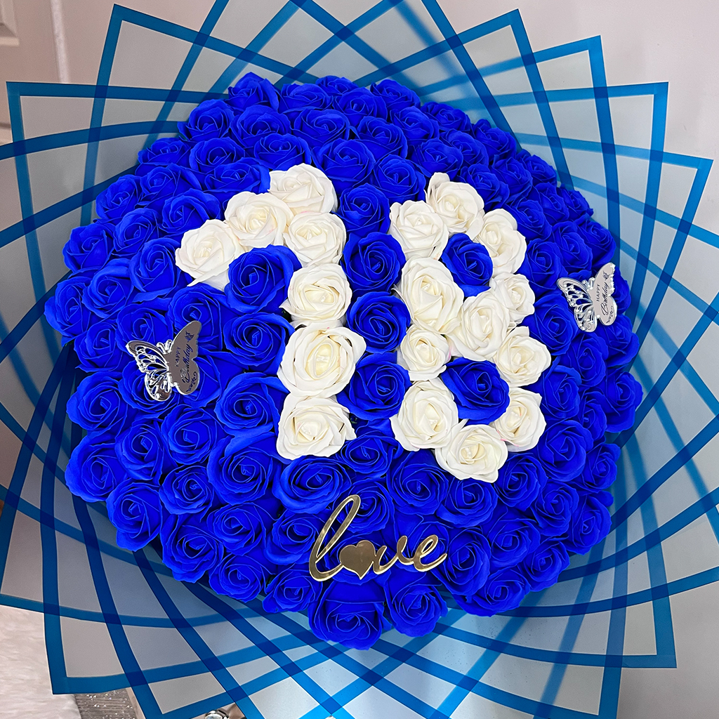 product cover copy Blue and White 101 Soap Rose Bouquet - “18” Design - Image 1