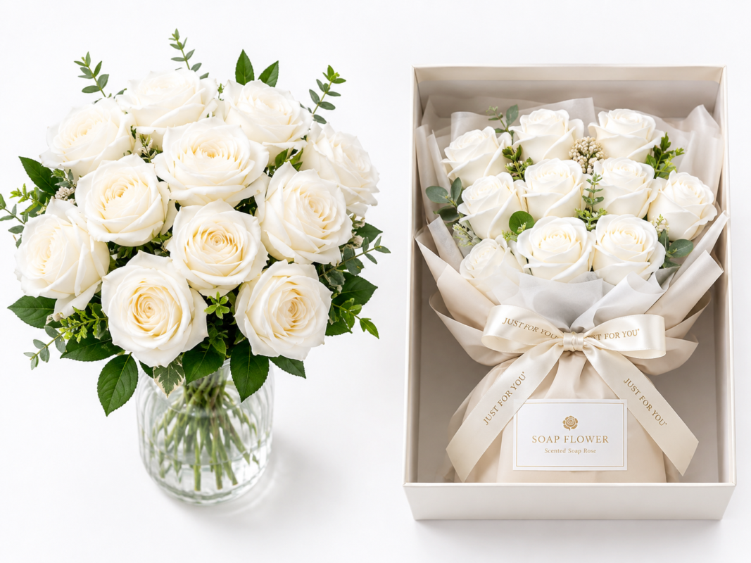Fresh white rose bouquet in a vase next to a soap white rose bouquet gift box, side by side comparison