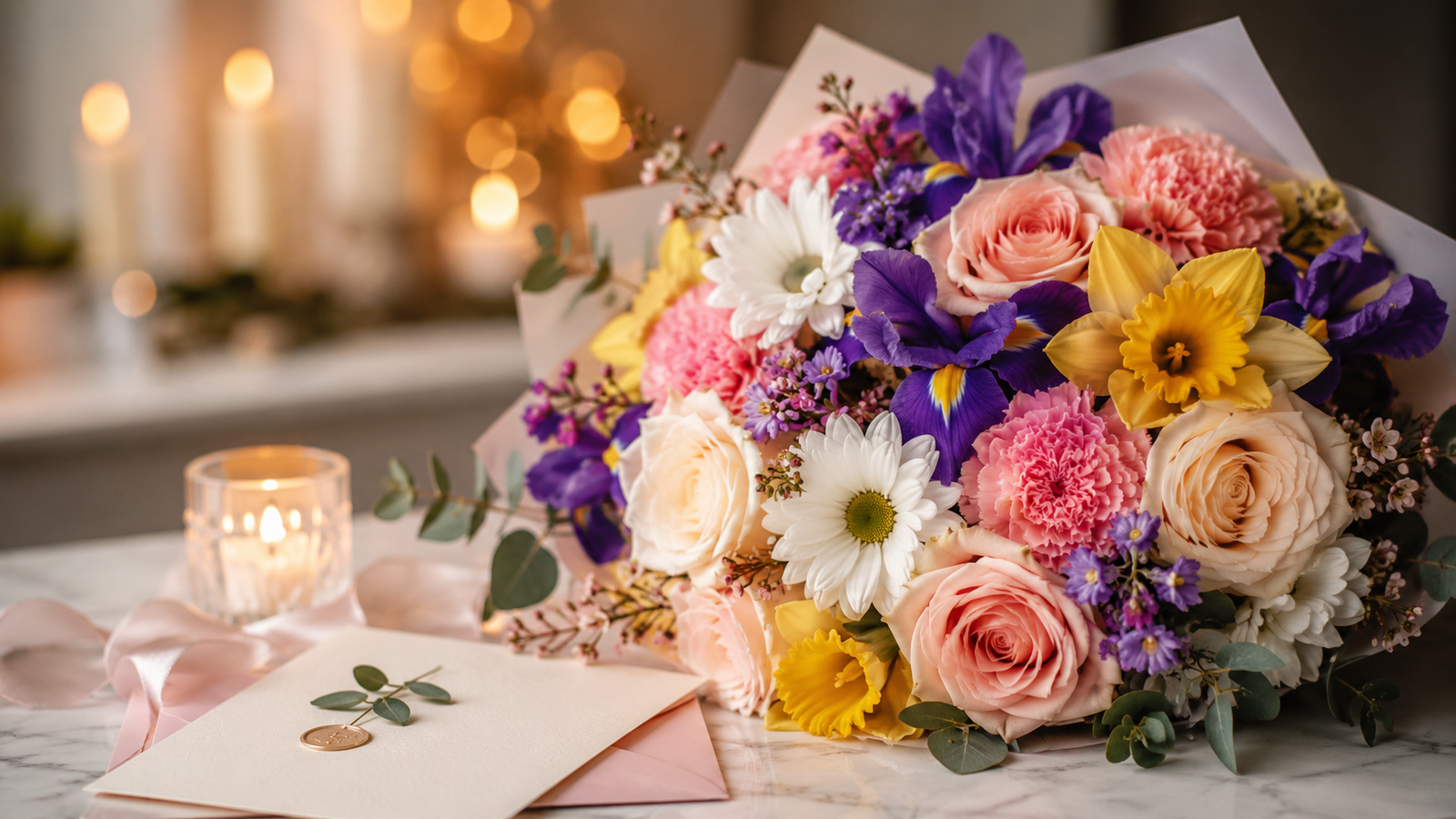 Anniversary bouquet flowers with roses, carnations, daisies, daffodils, irises, and violets in a romantic candlelight setting.